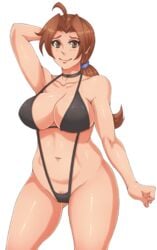 1girls armpits big_breasts brown_eyes brown_hair cytoscourge delia_ketchum_(pokemon) female hairy huge_breasts human large_breasts mature_female milf mother nintendo pale-skinned_female pale_skin pokemon pokemon_(anime) ponytail pubic_hair sling_bikini smile thick_thighs thighs wide_hips