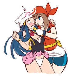 bandana beanie bike_shorts blue_eyes blue_hair blush brown_hair cleavage dawn_(pokemon) hat human may_(pokemon) panties poke_flute pokemon pokemon_dppt pokemon_rse skirt skirt_lift spats whistling wide_hips yondu