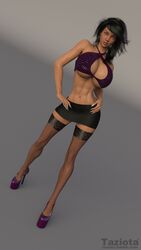 3d big_breasts bimbo gabriella hand_on_hip high_heels looking_at_viewer miniskirt muscular muscular_female navel stockings taziota tight_clothing underboob