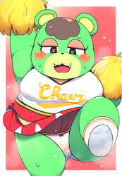 <3_eyes :3 animal_crossing anthro belly black_eyes blush bodily_fluids bottomwear brown_hair charlise_(animal_crossing) cheerleader cheerleader_outfit clothed clothing female footwear fur genitals green_body green_fur hair heart hi_res lifted_arm logo looking_down mammal nintendo on_one_leg one_leg_up overweight panties pom_poms poms pussy raised_clothing raised_leg raised_skirt rantan_chan red_bottomwear red_clothing red_skirt shirt shoes simple_background skirt solo standing sweat text_on_clothing text_on_shirt thick_thighs topwear translucent translucent_clothing underwear upskirt ursid v-neck video_games wet wet_clothing wet_panties wet_underwear white_clothing white_shirt white_topwear