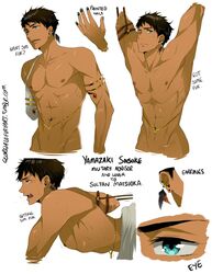 abs amputee armband arms_up black_hair blue_eyes blush earrings fingernails free! gay jewelry leflayart male multiple_views muscle muscles muscular muscular_male nail_polish nipples solo solo_focus solo_male sosuke_yamazaki sweat toned toned_male yaoi