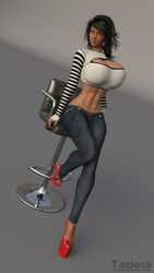 1girls 3d abs barstool big_breasts bimbo black_hair cleavage cleavage_cutout clothed female_abs gabriella high_heels hourglass_figure jeans large_breasts looking_at_viewer muscular navel navel_piercing red_shoes solo taziota toned_female