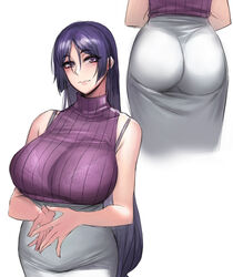 ass_in_dress dat_ass dress fate/grand_order fate_(series) huge_ass huge_breasts knatb long_hair looking_at_viewer mature minamoto_no_raikou_(fate/grand_order) purple_eyes purple_hair smiling sweater tight_clothing tight_dress