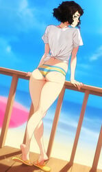 1girls ass beach bikini black_eyes black_hair brown_hair bubble_butt calves feet feguimel female flip_flops from_behind kneepits knees looking_at_viewer looking_back medium_hair open_toe_shoes pale_skin perfect_legs persona persona_5 petite sadayo_kawakami sandals shiny_skin short_hair skinny small_ass soles swimsuit swimwear t-shirt thick_thighs thighs thighs_together tied_shirt tiptoes