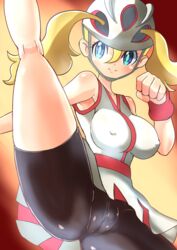 1girls 2020 2020s big_breasts bike_shorts black_shorts blonde_hair blue_eyes breasts cameltoe compression_shorts erect_nipples erection_under_clothes female fist happy helmet hind_legs human kneepits korrina_(pokemon) leg_lift leggings legs_up long_hair masaru-san nintendo nipple_slip pale-skinned_female pale_skin pokemon pokemon_xy pussy shorts shorts_under_skirt smile spandex_shorts spats thick_thighs thighs tight_clothing tomboy