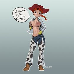 1girls artist_name big_areolae blush breasts chaps cowboy_hat desviliens disney english_text female hand_down_pants hand_on_breast hat jessie_(toy_story) looking_at_viewer navel nipples no_bra open_shirt pixar plain_background ponytail red_hair speech_bubble text toy_story