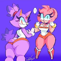 2020 2girls amy_rose anthro artist_name ass big_ass big_breasts bimbo blaze_the_cat breasts embarrassed female female_only furry hedgehog heyaerdick hooters hooters_uniform no_visible_genitalia pink_hair purple_hair rosie_(artist) sonic_(series) thick_thighs thighs thunder_thighs tight_clothing