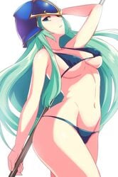 bikini fire_emblem fire_emblem:_path_of_radiance fire_emblem:_radiant_dawn green_eyes green_hair helmet kokouno_oyazi long_hair looking_at_viewer nephenee_(fire_emblem) spear thighs weapon