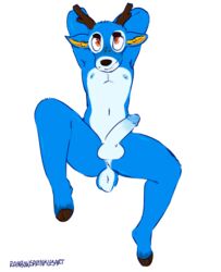 2020 absurd_res animal_crossing anthro antlers balls bam_(animal_crossing) blue_body blue_fur cervid erection full-length_portrait fur furry genitals glans grin hands_behind_head hi_res hooves horn humanoid_genitalia humanoid_penis looking_at_viewer male male_only mammal nintendo nude penis portrait presenting presenting_penis rainbowsprinklesart smile solo video_games