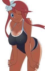 1girls big_breasts blue_eyes chelsea_cola dark-skinned_female dark_skin female human long_hair nintendo pokemon pokemon_bw red_hair skyla_(pokemon) solo swimsuit thick_thighs white_background wide_hips