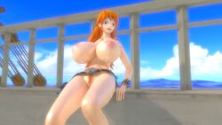 3d belt bottomless bracelet breasts_bigger_than_head casual compass female female_only functionally_nude human large_breasts nami one_piece orange_hair pale_skin pubic_hair redhead rochestedorm topless weapon wristwear