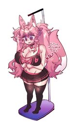 big_breasts choker embarrassed english_text fox_ears fox_girl fox_tail huge_breasts kireina_pinky_fox miniskirt mole_on_breast original osiimi pink_eyes pink_fur pink_hair pinky_fox_(osiimi) shortstack thighhighs virtual_youtuber