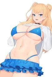 1girls asymmetrical_hair bikini black_choker blue_bikini blue_eyes blue_skirt breasts choker clothes_lift curvy erect_nipples female female_only frilled_skirt frills galko gyaru heart heart_choker highres huge_breasts jam_(nandade) large_breasts legs_together lifted_by_self looking_at_viewer lowleg_skirt one_side_up oshiete!_galko-chan ribbed_sweater scrunchie side_bun skindentation skirt sleeves_past_wrists smile solo sweater sweater_lift swimsuit thick_thighs thighs underboob white_sweater