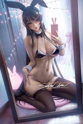 1girls big_breasts black_hair bunny_ears bunny_girl female female_only high_heels long_hair mirror mirror_selfie purple_eyes reflection sakimichan sakurajima_mai seishun_buta_yarou_wa_bunny_girl_senpai_no_yume_wo_minai selfie solo solo_female solo_focus stockings