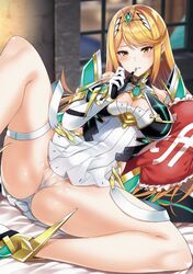 1girls absurdres armor ass bangs blonde_hair blush breasts cameltoe cleavage cleavage_cutout cover cover_page earrings female female_focus gem gloves headpiece highres hikari_(xenoblade_2) jewelry large_breasts long_hair mythra nintendo panties pillow pussy sleeveless solo swept_bangs thigh_strap tiara underwear xenoblade_(series) xenoblade_chronicles_2 yellow_eyes yuuki_shin