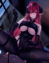 1boy 1girls assertive assertive_female azur_lane belly_button belly_button_visible_through_clothing black_gloves blush breasts clothed_female_nude_male demon female femdom gloves heart-shaped_pupils hindenburg_(azur_lane) horns huge_breasts indoors iron_blood_(azur_lane) leash leash_and_collar leashed_pov light-skinned_female light-skinned_male light_skin male malesub nose_blush pointy_ears purple_eyes red_hair succubus succubus_horns succubus_tail symbol-shaped_pupils tail underboob zoppi