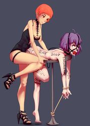 2girls ball_gag bare_legs bernadetta_von_varley black_eyes body_writing bondage breasts breasts_out collar exposed_ass female female_focus female_only femdom femsub fire_emblem fire_emblem:_three_houses gag gagged hands_tied high_heels human jearz leash leonie_pinelli lesbian lesbian_sex lezdom multiple_girls naked naked_female nude nude_female orange_eyes orange_hair purple_hair saliva sex sex_toy short_hair silly_face small_breasts spikes strap-on table tied_to_table tied_up tomboy very_short_hair yuri