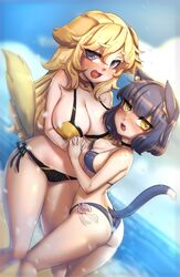 2girls :3 animal_ears beach big_breasts bikini black_hair blonde_hair blush cat_ears catgirl dog_ears dog_girl duo female female_only hand_holding humanoid kemonomimi merryweather pale_skin petite size_difference swimsuit tail thick_thighs wide_hips