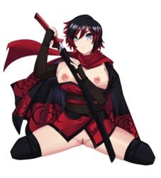 breasts exposed_breasts fikri710 red_hair ruby_rose rwby samurai sword vagina