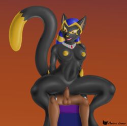 amara_lemur anthro anthro_penetrated balls black_body black_fur breasts conditional_dnp domestic_cat domination duo egyptian_mythology faceless_male felid feline felis female female_domination female_on_top female_penetrated fur genitals hi_res human human_on_anthro human_penetrating human_penetrating_anthro interspecies jewelry larger_female male male_penetrating male_penetrating_female mammal middle_eastern_mythology mythology nipple_piercing nipples on_top penetration penis piercing pussy reverse_cowgirl_position size_difference smaller_male straddling straight vaginal_penetration