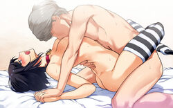 1boy 1boy1girl 1girls bed black_hair blue_eyes blush breast_sucking breasts choker female holding_hands interlocked_fingers leg_lock legs_crossed legwear lifting lock marie_(persona_4) narukami_yu open_mouth persona persona_4 persona_4_the_golden sex striped_legwear vaginal_penetration