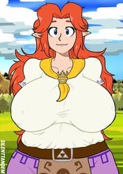 blue_eyes bowser_brooch clothed clothing cremia fully_clothed huge_breasts large_breasts long_hair majora's_mask malon no_bra ocarina_of_time orange_hair outdoors pointy_ears silenttandem the_legend_of_zelda