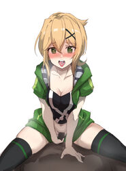 1boy akatsuki_kirika blonde_hair blush breasts cleavage cowgirl_position female green_eyes green_hoodie guided_penetration hair_ornament heart heart-shaped_pupils highres imminent_sex imminent_vaginal looking_at_viewer medium_breasts navel penis pill senki_zesshou_symphogear short_hair simple_background solo_focus spread_legs straight symbol-shaped_pupils tongue tongue_out wdh841964350 white_background x_hair_ornament