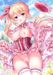 1girls :d absurdres ass_visible_through_thighs bangs blonde_hair blush breasts cloud cowboy_shot crotch_seam day dress dress_lift eyebrows_visible_through_hair floating_hair flower frilled_dress frills hair_ribbon highres lifted_by_self long_hair looking_at_viewer medium_breasts mitsuba_choco open_mouth original outdoors panties pink_dress purple_eyes red_headwear ribbon scan side-tie_panties side_ponytail sky smile solo standing thighhighs thighs underbust underwear very_long_hair white_legwear white_panties yellow_flower