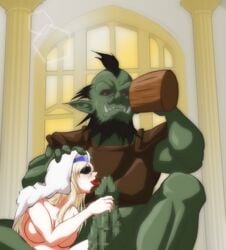 beard black_hair blindfold censored female goblin goblin_male goblin_slayer green_skin long_hair nagaeweapon size_difference small_dom_big_sub sword_maiden_(goblin_slayer)