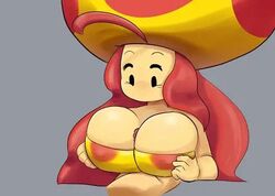 1boy 1girls antenna_hair big_breasts breasts cleavage dizzytizzy female_focus gray_background humanized larger_female long_hair mario_(series) mega_mushroom mob_face mushroom_humanoid new_super_mario_bros. nintendo no_mouth original_character paizuri penis power_up power_up_girl red_hair simple_background toad_(mario)