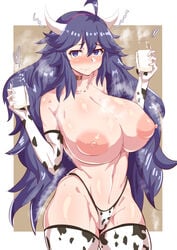 1girls areolae big_breasts blush choker cow_bikini cow_girl cow_horns cow_print eye_contact female gloves hex_maniac huge_breasts human large_breasts long_hair looking_at_viewer milk milk_bottle nintendo nipples pale-skinned_female pale_skin pokemon pokemon_xy purple_eyes purple_hair rururu82010664 sweat thick_thighs thighhighs thong topless voluptuous wide_hips