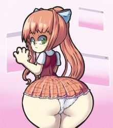 1girls ass big_ass blush bottomwear brown_hair clothing curvaceous curvy_figure dat_ass doki_doki_literature_club female female_only green_eyes hips huge_ass large_ass looking_at_viewer looking_back lotikmac monika_(doki_doki_literature_club) panties pantyshot ponytail ribbon skirt solo solo_female thick_ass thick_thighs thighs topwear underwear upskirt wide_hips