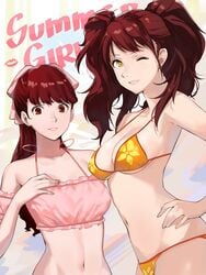 2girls atlus big_breasts bikini bikini_bottom bikini_top bottomwear breasts brown_eyes brown_hair clothing female female_only human j@ck kasumi_yoshizawa kujikawa_rise long_hair looking_at_viewer megami_tensei persona persona_4 persona_5 persona_5_royal red_eyes red_hair sumire_yoshizawa swimsuit swimwear topwear uncensored