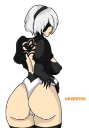 1girls android ass ass_focus back_cutout back_view backless_outfit big_ass big_breasts big_butt big_lips blindfold breasts cameltoe cleavage_cutout feather-trimmed_sleeves female female_only from_behind gloves gynoid headband huge_ass huge_breasts leotard light-skinned_female light_skin medium_hair nier nier:_automata nier_(series) nipple_bulge pussy solo solo_female square_enix tagme thick_thighs thighhighs unzested visor white_background white_hair yorha_2b