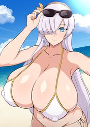 1girls anastasia_(fate) beach bikini blue_eyes breasts bursting_breasts cleavage cloud clouds earrings fate/grand_order fate_(series) female female_only full_cleavage hair_over_one_eye huge_breasts jabara_tornado large_breasts long_hair nipple_bulge ocean sand selfie solo sunglasses sunglasses_on_head very_long_hair water white_hair