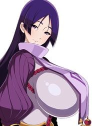 1girls bodysuit breasts fate/grand_order fate_(series) female high_collar huge_breasts jabara_tornado long_hair looking_at_viewer minamoto_no_raikou_(fate/grand_order) purple_eyes purple_hair rope simple_background smile solo