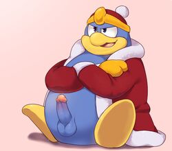 anthro avian balls bird blue_body clothing cocky crossed_arms crown erection genitals gloves handwear hi_res humanoid_genitalia humanoid_penis king_dedede kirby_(series) male male_only nintendo penguin penis pink_background red_robe robe simple_background sitting smile smirk solo st637 video_games white_background yellow_feet