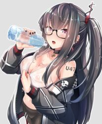 1girls azur_lane bike_shorts eyewear female female_only glasses hayami_yoichi iron_blood_(azur_lane) light-skinned_female light_skin pouring see-through_clothing solo streaked_hair u-47_(azur_lane) u-47_(rookie_rider)_(azur_lane) under-rim_glasses wet wet_clothes