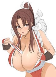 1girls big_breasts breasts brown_hair cleavage fatal_fury female female_only gigantic_breasts huge_breasts human human_only king_of_fighters kloah large_breasts long_hair looking_at_viewer mai_shiranui ponytail skimpy_clothes solo white_background