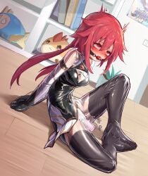 arms_behind_back bare_shoulders blush bondage cleavage clothed dildo drooling eyes_rolling_back gag latex_clothing legs_spread neptunia_(series) red_eyes red_hair sex_toy_in_pussy sitting solo thighhighs twintails uzume_tennouboshi xiongmao