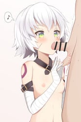 1boy arm_belt bandaged_arm bandages bangs blush breasts bunny1219 censored collar collarbone facial_scar fate/apocrypha fate_(series) fellatio female green_eyes highres jack_the_ripper_(fate/apocrypha) musical_note navel nipples oral penis scar scar_across_eye scar_on_cheek short_hair shoulder_tattoo small_breasts spoken_musical_note straight tattoo testicle_grab testicles white_hair