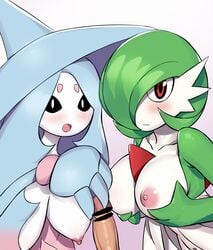 1boy 2girls absurd_res big_breasts blush breasts censored disembodied_penis female gardevoir generation_3_pokemon generation_8_pokemon genitals group hand_on_penis hatterene hi_res holding_breast human humanoid looking_at_viewer male mammal nintendo penis pokémon_(species) pokemon pokemon_(species) pov self_empl0yed simple_background straight video_games