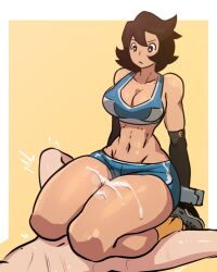 abs boobs cum cum_on_thighs mosbles original_character short_hair slim_waist sports_bra thick_thighs thigh_sex