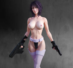 1girls 3d breasts cleavage cyborg dual_wielding female female_only fingerless_gloves ghost_in_the_shell ghost_in_the_shell_stand_alone_complex gloves gun huge_breasts kusanagi_motoko pistol solo standing tatsumaru thighhighs topless weapon