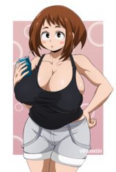 1girls big_breasts black_tank_top brown_eyes brown_hair chubby cleavage dratvan female_only huge_breasts juice_box looking_at_viewer my_hero_academia ochako_uraraka rosy_cheeks shorts sleeveless_shirt solo solo_female sweat sweaty sweaty_breasts tagme tank_top