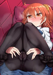 absurdres ahoge ass bangs black_legwear blush breasts command_spell fate/grand_order fate_(series) feet female fujimaru_ritsuka_(female) highres knees_together_feet_apart legs long_sleeves looking_at_viewer lying medium_breasts on_back one_side_up open_mouth orange_eyes orange_hair pantyhose pussy sekai_saisoku_no_panda shirt short_hair simple_background spread_pussy toes white_shirt