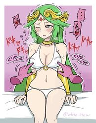 1girls bimbo blush erection_under_clothes green_eyes green_hair heart heart_eyes kid_icarus nintendo nipple_bulge nipple_teasing nipple_tweak nipples palutena pokies spoken_heart white-stew white_bikini