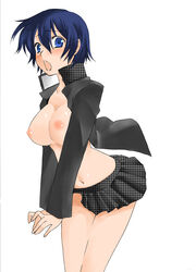 1girls blue_eyes blue_hair breasts megami_tensei no_bra open_clothes open_mouth open_shirt persona persona_4 shirogane_naoto shirt short_hair sora_megumu tagme