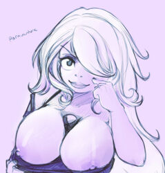 amethyst_(steven_universe) breasts cartoon_network cleavage female gem gem_(species) nipples pornventure purple_background purple_eyes purple_skin smile smooth_skin solo steven_universe white_hair