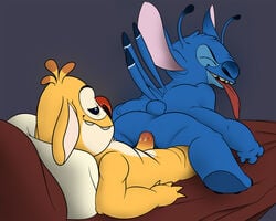 2boys anal anal_sex ass bed closed_eyes cum disney erection experiment_(lilo_and_stitch) furry gay jerseydevil lilo_and_stitch male male_only multiple_males no_humans orgasm penetration penis penis_in_ass reuben_(lilo_and_stitch) stitch_(lilo_and_stitch) tail yaoi